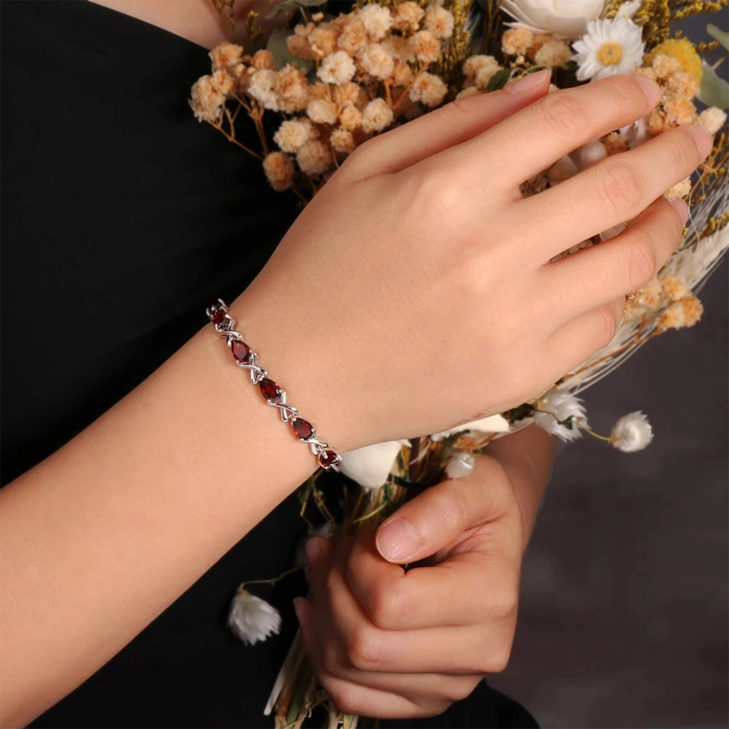 Garnet Geometric Silver Bracelet